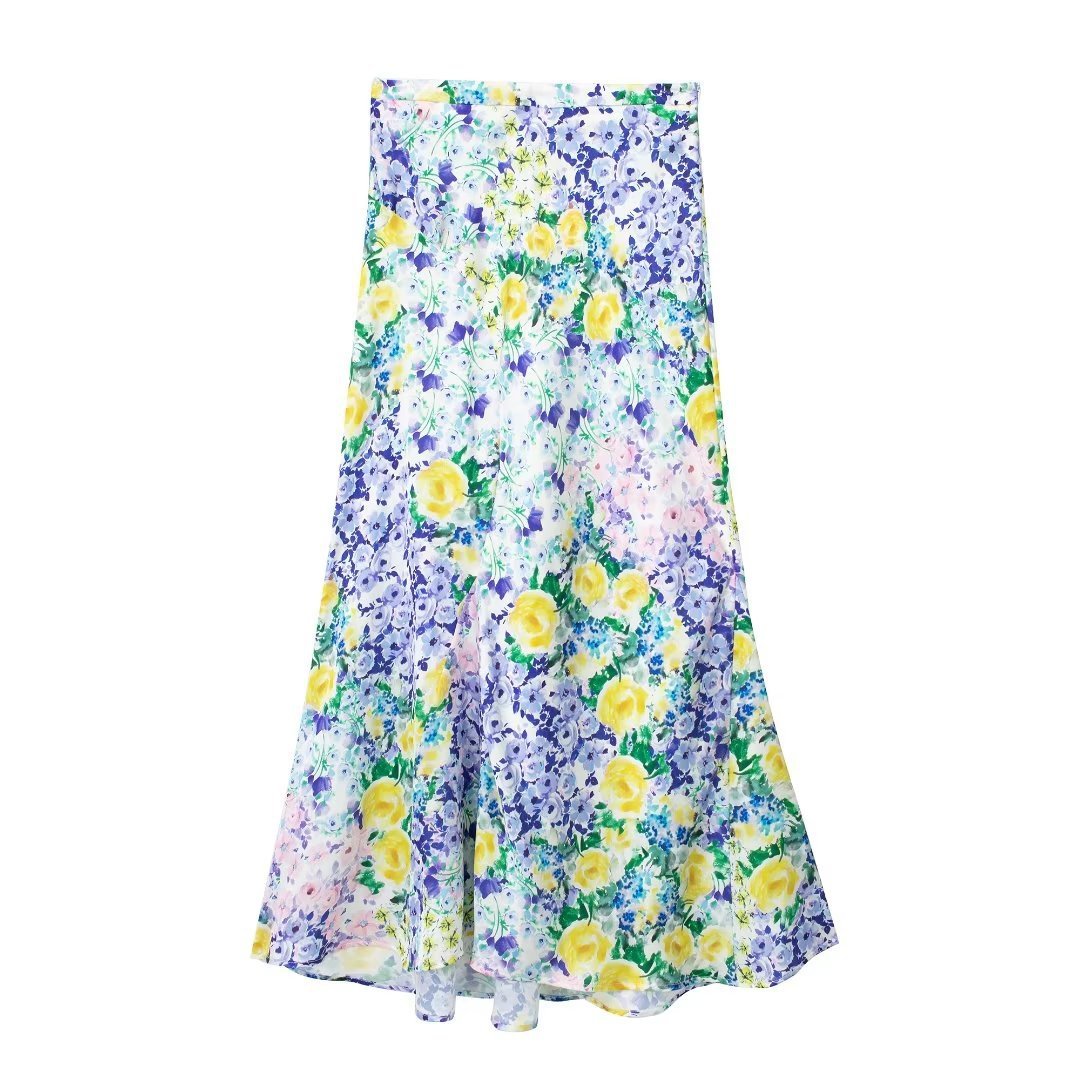 Flower Printed Silk Satin Texture Skirt