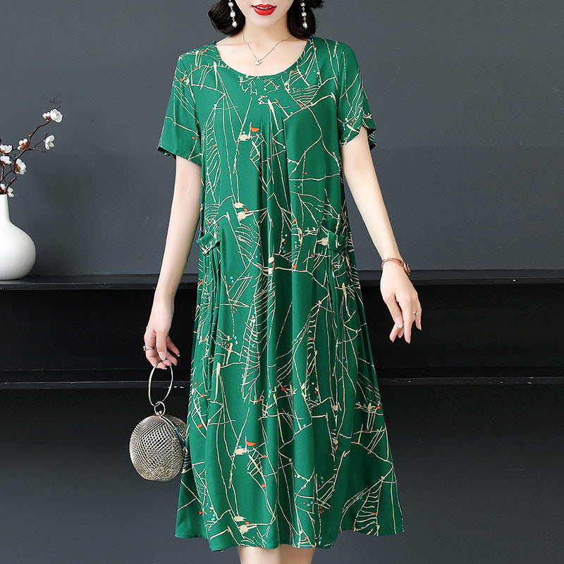 Plus Size Middle-aged And Elderly Cotton Silk Meat-covering Dress