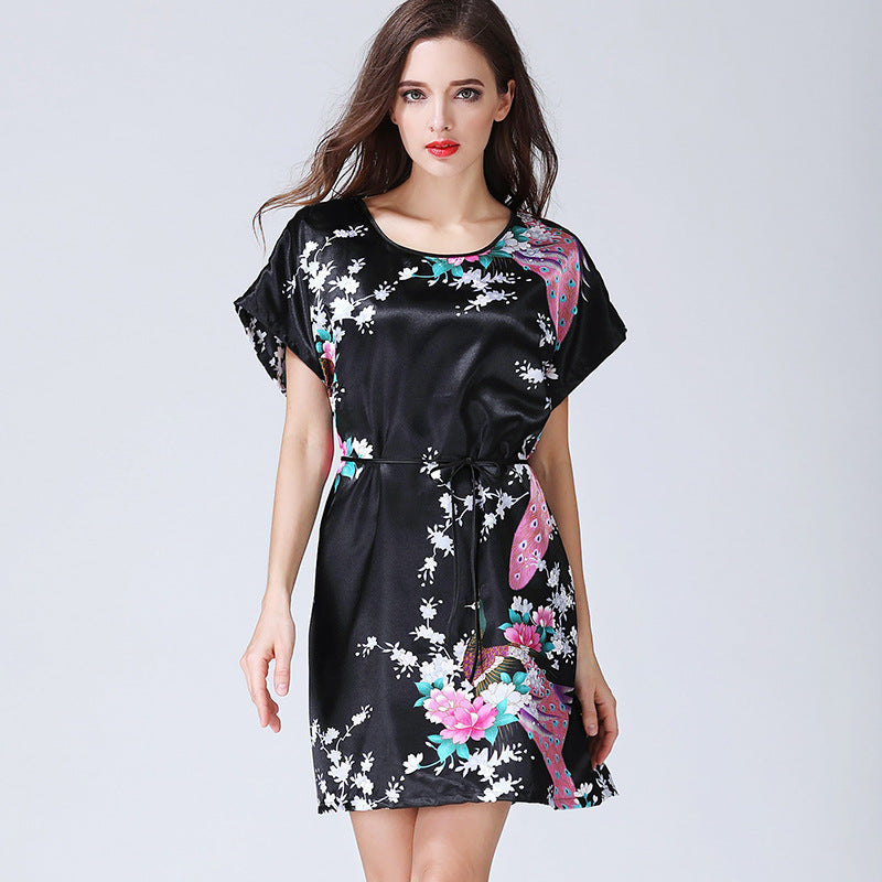 Imitation Silk Nightdress Round Neck And Thin Belt Women's Silk Pajamas