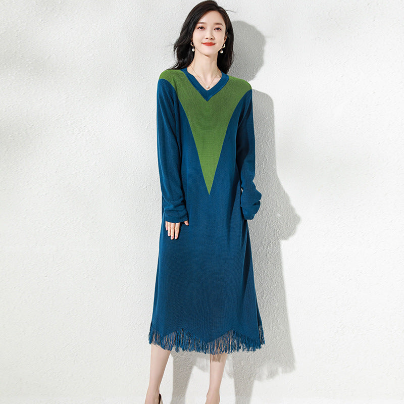 Mid-length Knitted Ice Silk Stitching Thin Tassel Dress