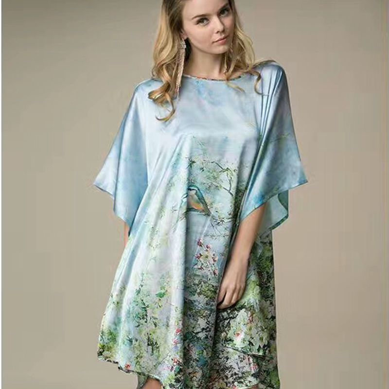 Inkjet Bat Shirt Women's Spring And Summer Home Service New Style Silk Silk Pajamas Nightdress Loose