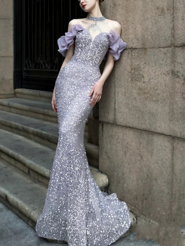 Celestial Muse – Beaded Fishtail Halter Gown