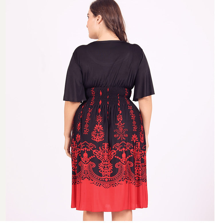 Women's Loose Round Neck Ice Silk Printed Large Swing Dress