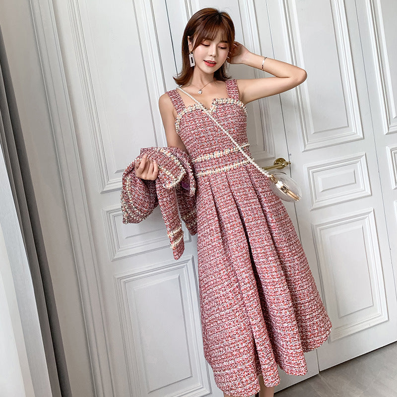 Fashion Ladies Bright Silk Tweed Stitching Ribbon Dress Suit