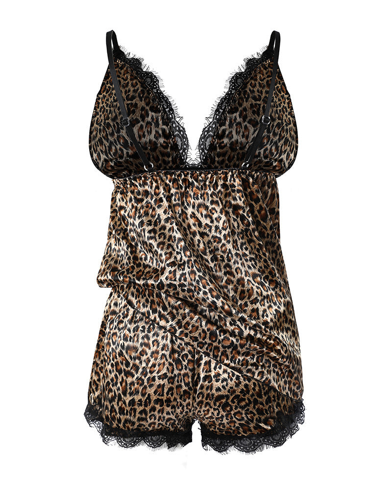 Women's Silk Lace Leopard Print Suspender Shorts Suit
