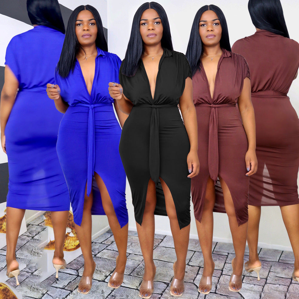 New Women's Milk Silk Skirt V-neck Irregular Dress