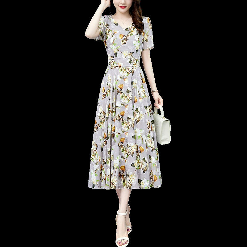 Loose Long V-neck Short Sleeve Ice Silk Satin Dress