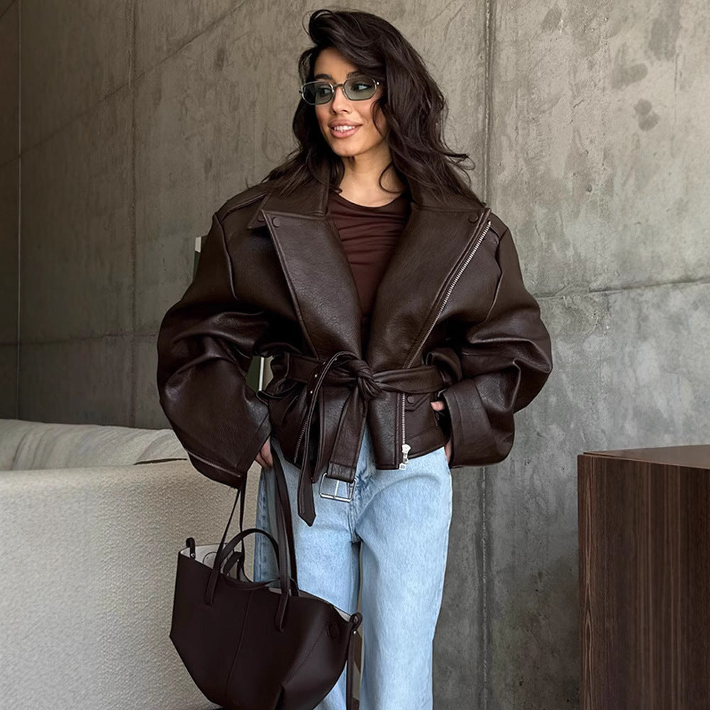 GraceLuxe™ Lace-Up Leather Coat