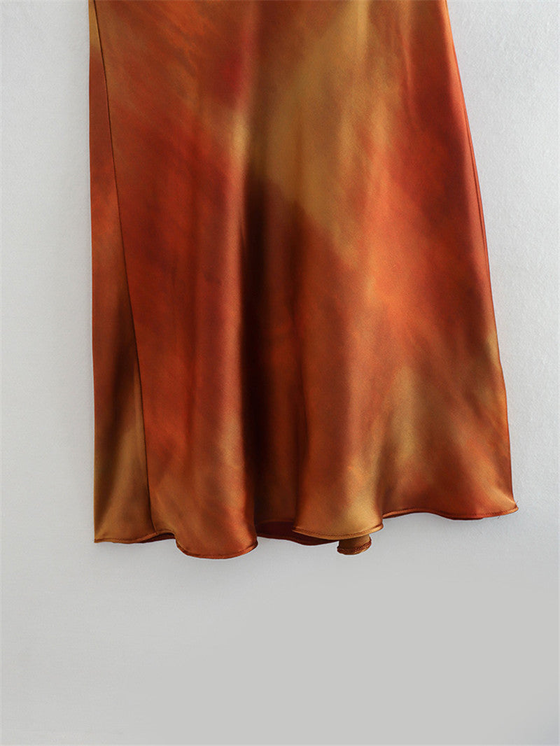 European And American Style Draped Collar Silk Satin Texture Printing Dress