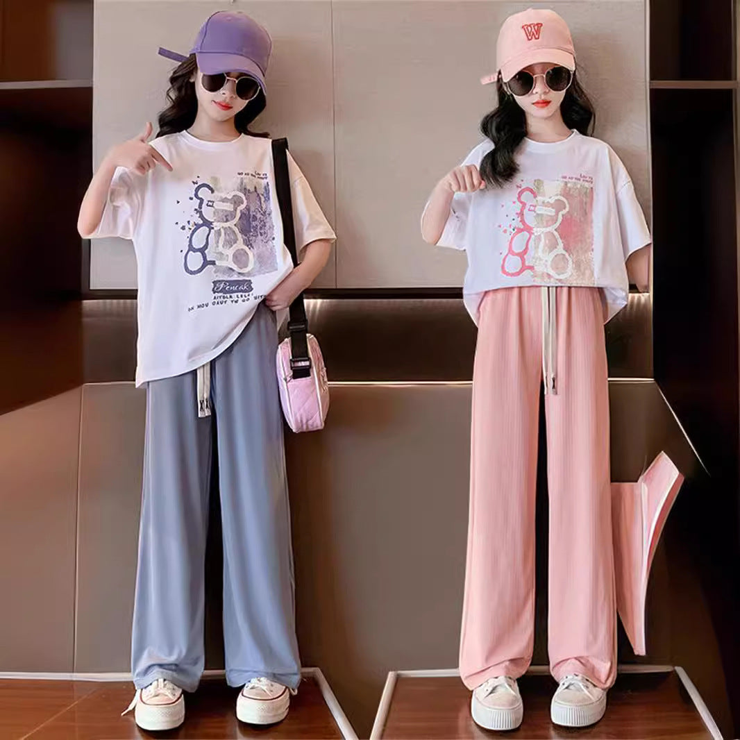 Girls' Ice Silk Wide-leg Pants Two-piece Suit