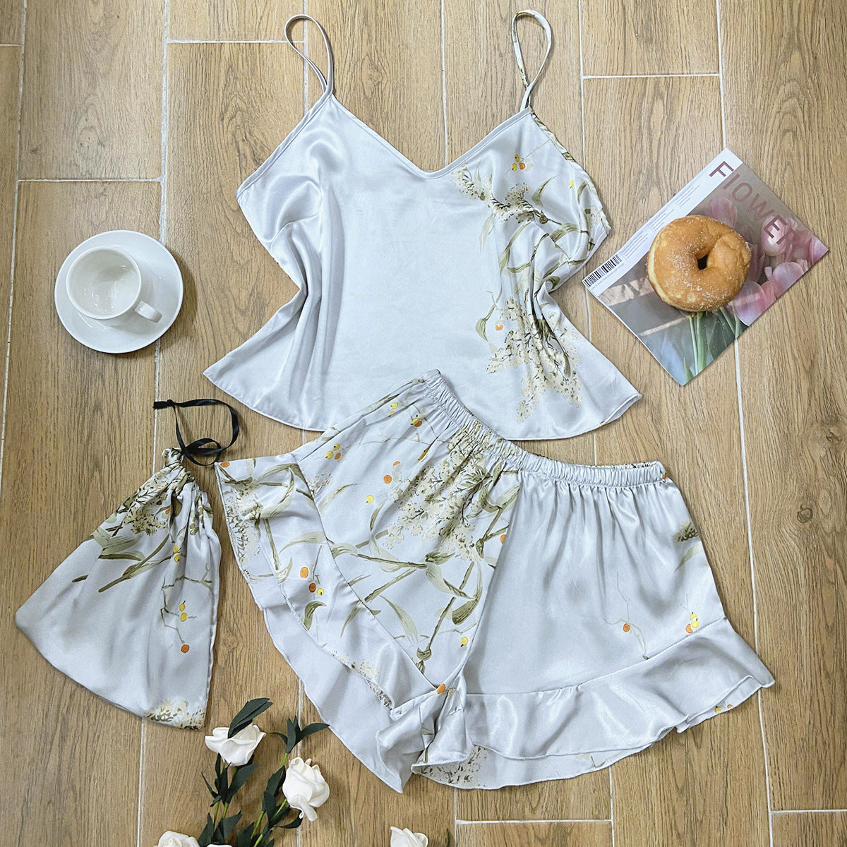 Faux Silk Pajamas Two-Piece Set Fashion Printing
