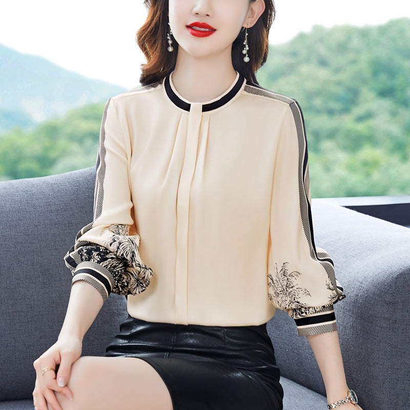 Women's Spring Clothing Versatile Slimming Temperament Printed Mulberry Silk Satin Shirt Long Sleeve
