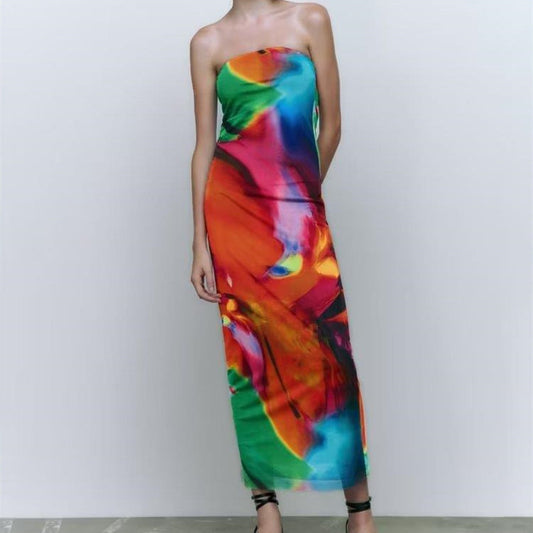 Women's Bandeau Slim-fit Slimming Printed Silk Net Dress