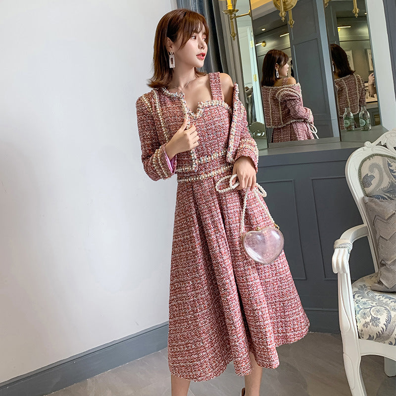 Fashion Ladies Bright Silk Tweed Stitching Ribbon Dress Suit