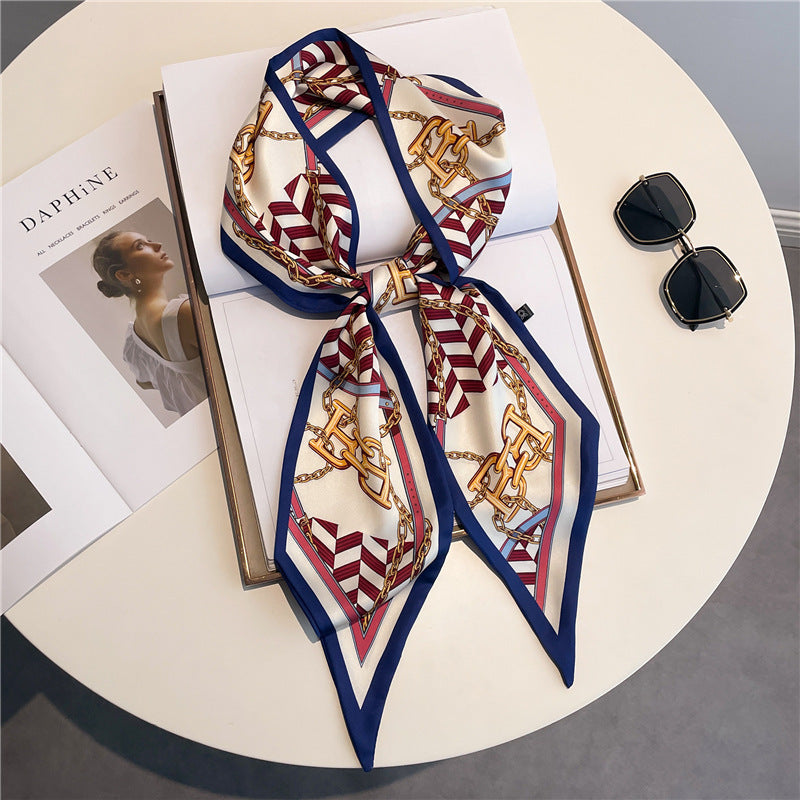 Thin Narrow Long Shirt Scarf Houndstooth Design Double Layer Imitated Silk Scarves Women's Hair Tie