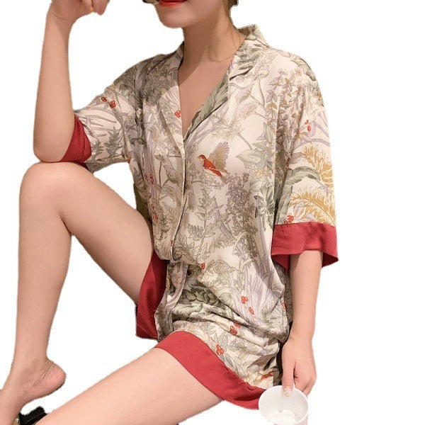 Ice Silk Short Sleeve Shorts Lapel Bird Pajamas Suit