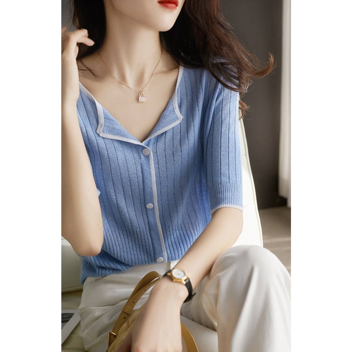 Loose V-Neck Mid-Sleeve Ice Silk Knit Cardigan Top