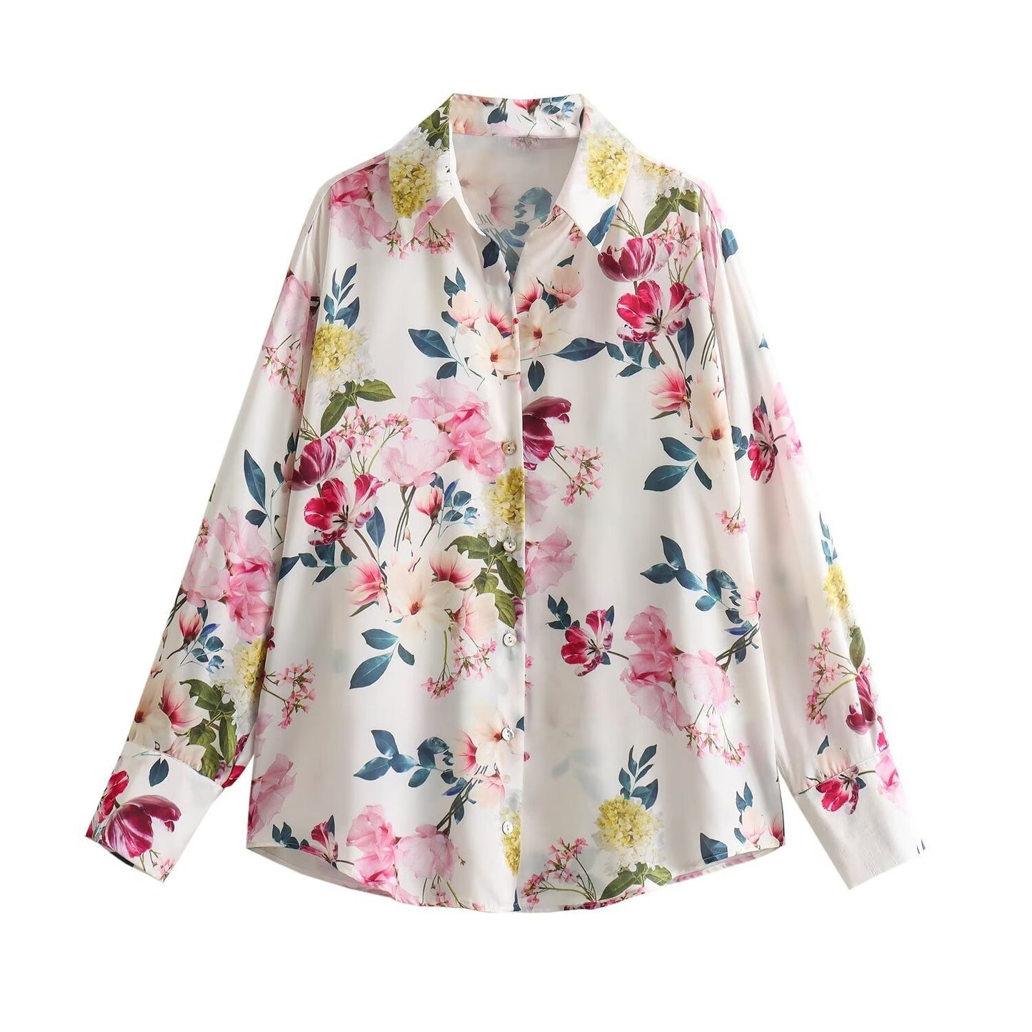 Fashionable All-match Silk Satin Textured Printed Shirt