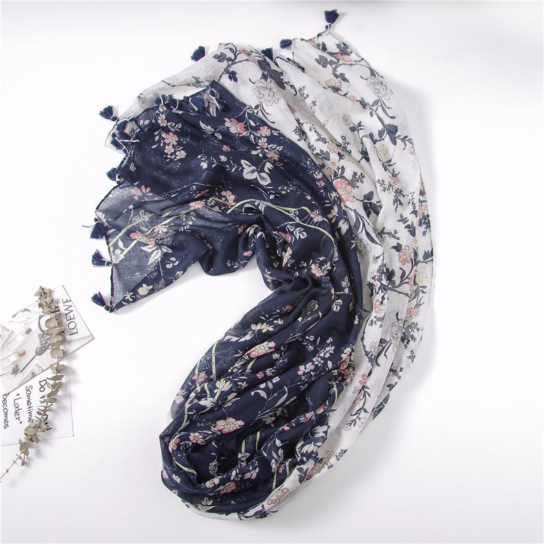 Vintage Vine Flower Print Handmade Fringed Silk Scarf