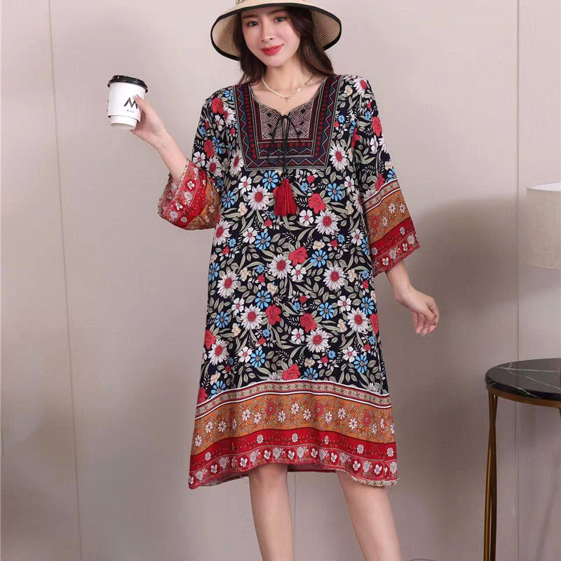 Cotton Silk Floral Dress Vintage Women's Clothing