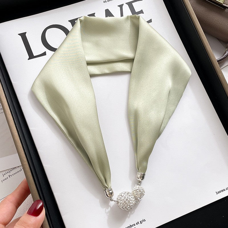 Solid Color Magnetic Button Silk Scarf Necklace Pendant Decoration