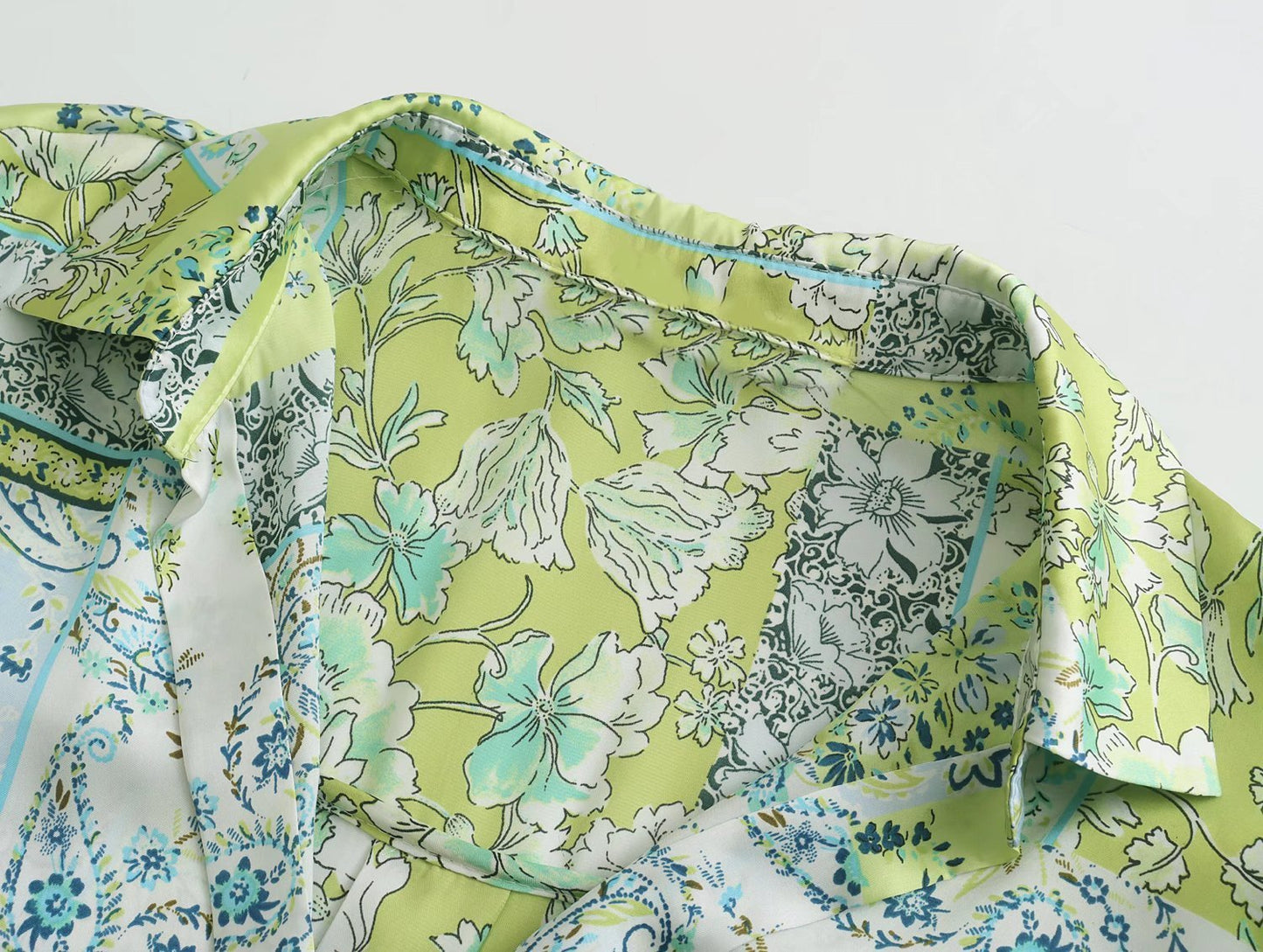 New Women's European And American Printed Silk Satin Texture Shirt