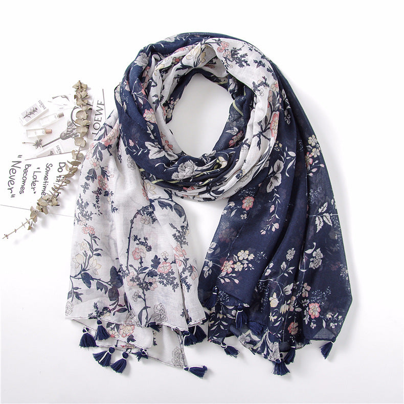 Vintage Vine Flower Print Handmade Fringed Silk Scarf