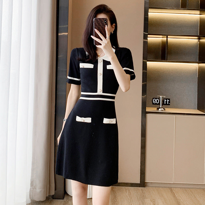 Classic Style Short Sleeve Slimming High Waist A- Line Ice Silk Dress