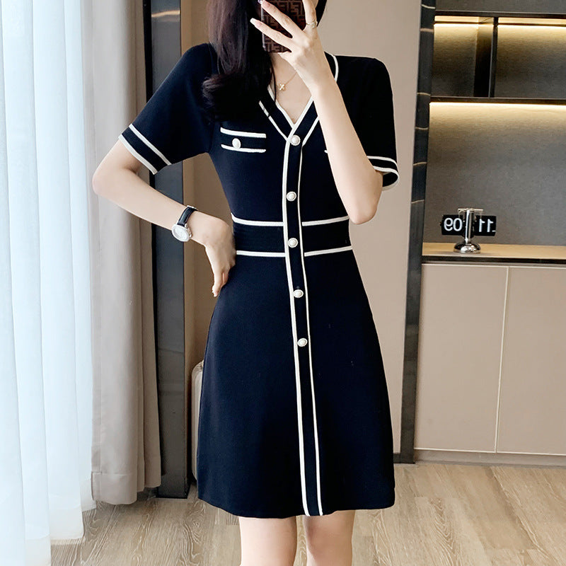 Ice Silk Knitted V-neck High Waist Short Sleeve Slimming A- Line Dress For Women