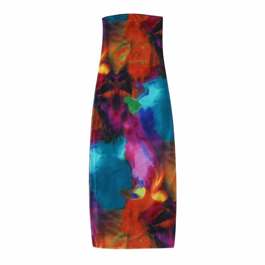 Women's Bandeau Slim-fit Slimming Printed Silk Net Dress