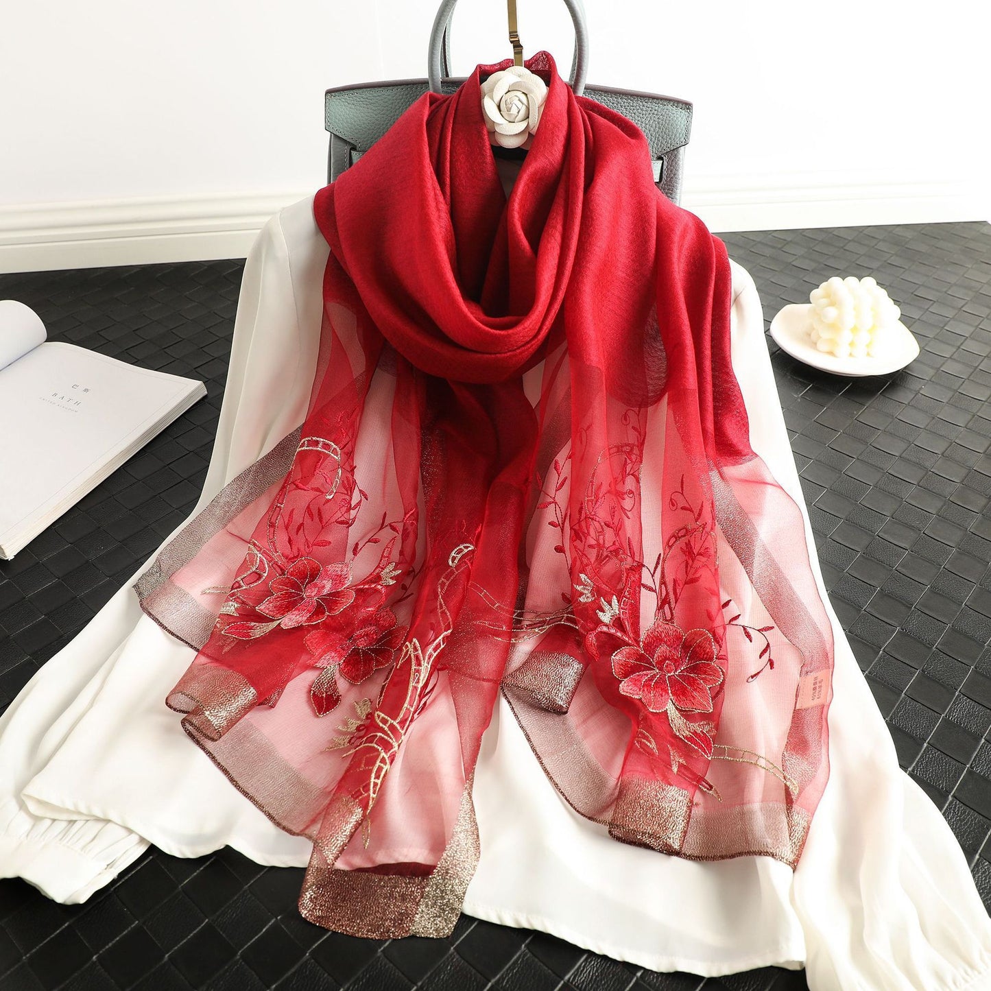 Elegant All-match Peony Silk Wool Embroidered Fashion Scarf