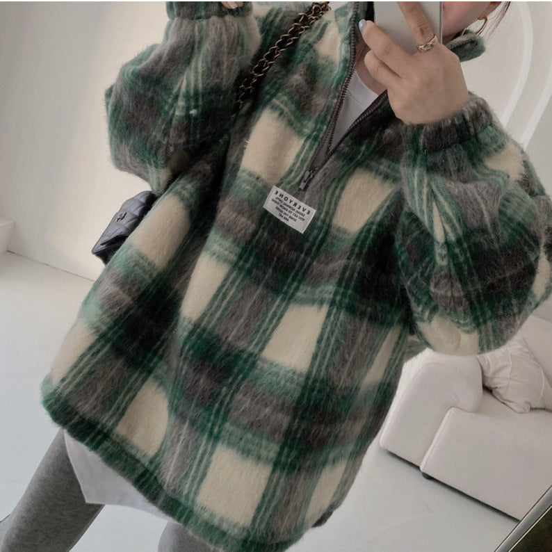 PlaidAura Stand Collar Woolen Sweater