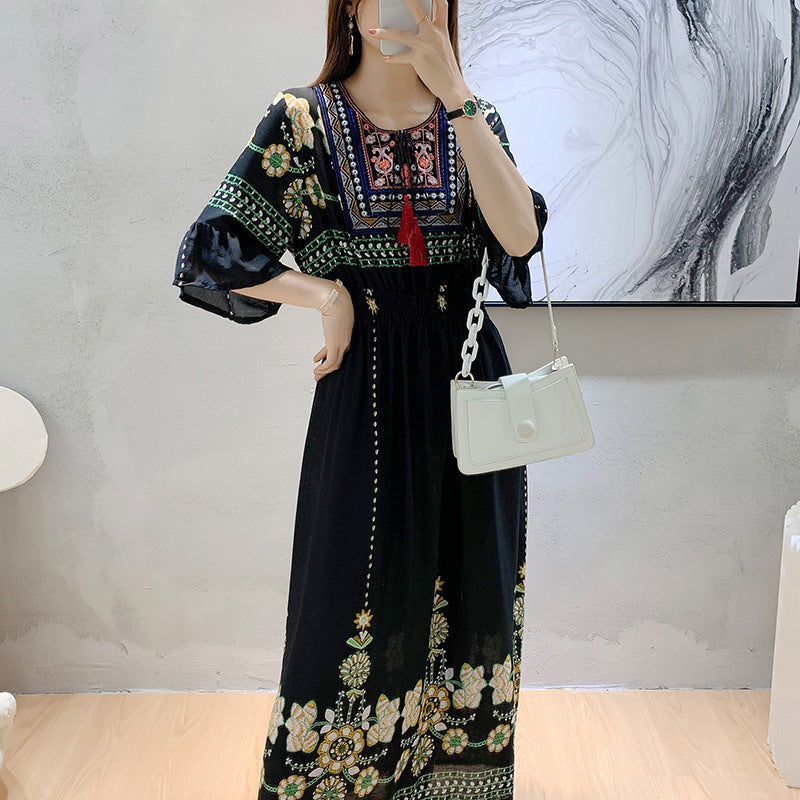 Skirt Crew Neck Ruffle Half Sleeve Cotton Silk Dress