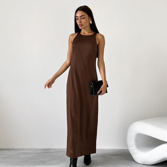 Silk-like Satin Surface Round Neck Vest Dress