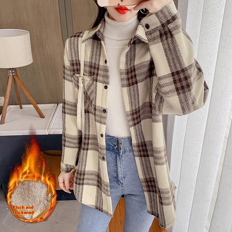 Women's Fashion New Retro Plaid Shirt Coat