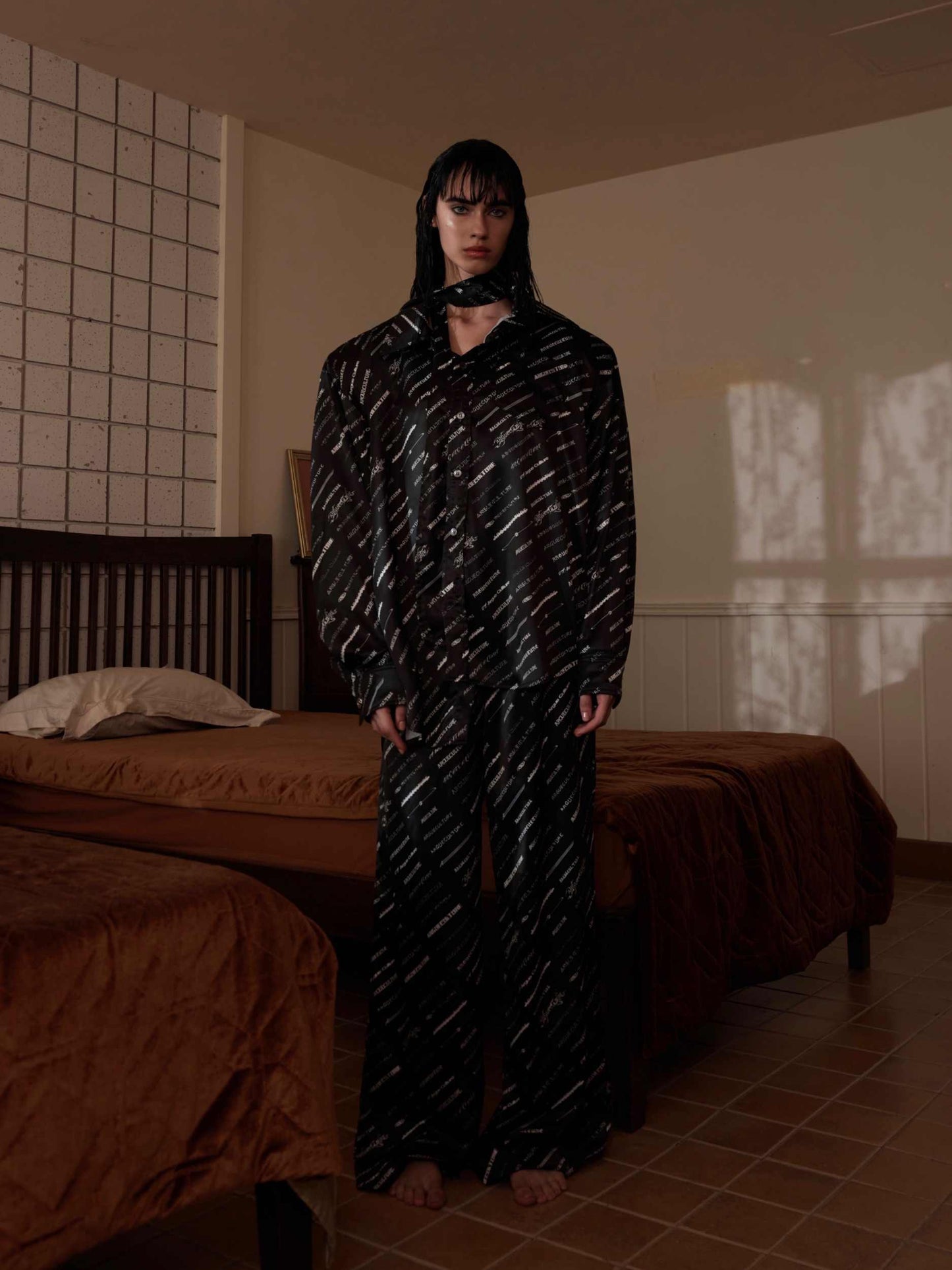 Niche Silk Ice Silk Padded Shoulder Long-sleeved Shirt Home Wear