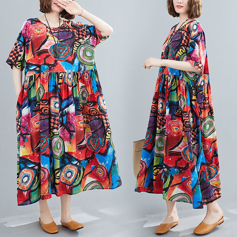 Plus Size Cotton Silk Print Short Sleeve Age-reducing Dress