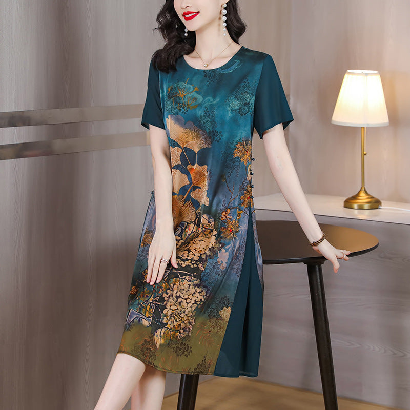 Silk Like Dress Printed Belly Covered