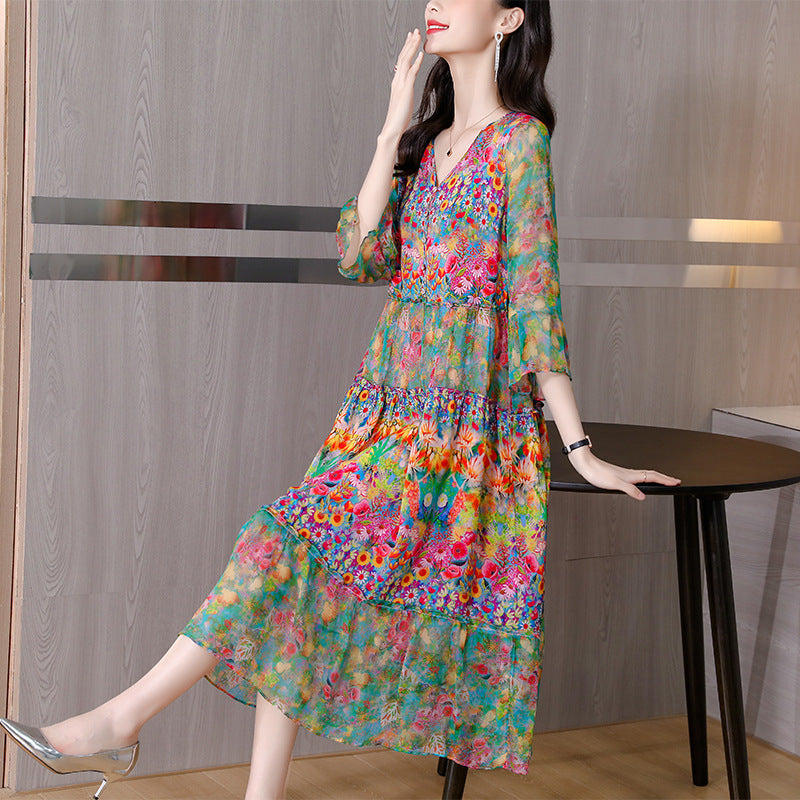 Women's Loose Print Silk Maxi Dress