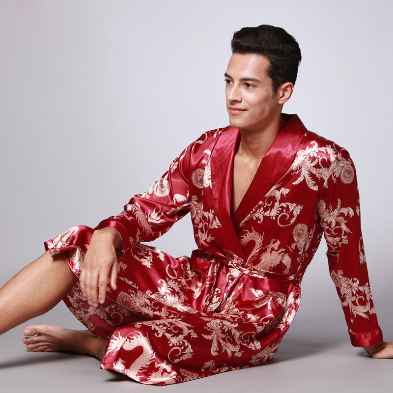 Fashion Silk Ice Silk Long Sleeve Men's Pajamas