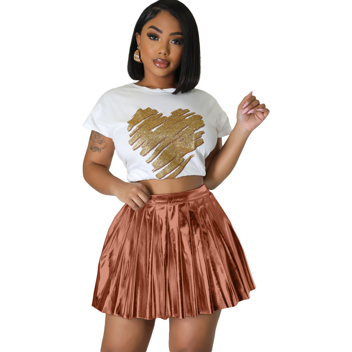 Ice Silk Bronzing Pleated Skirt Zipper Elastic Waist