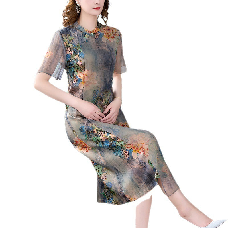 Elegant Cheongsam Chinese Style Silk Chiffon Dress