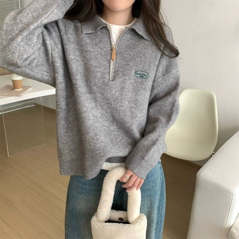 SeoulEase Polo Knit Zip Sweater