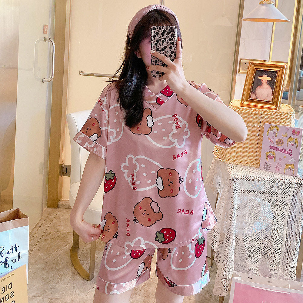 Women's Loose Casual Short Sleeve Ice Silk Pajama Set