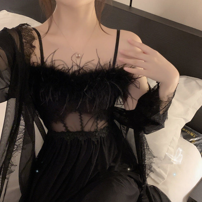 Feather Slip Nightdress Long Ice Silk Pajamas