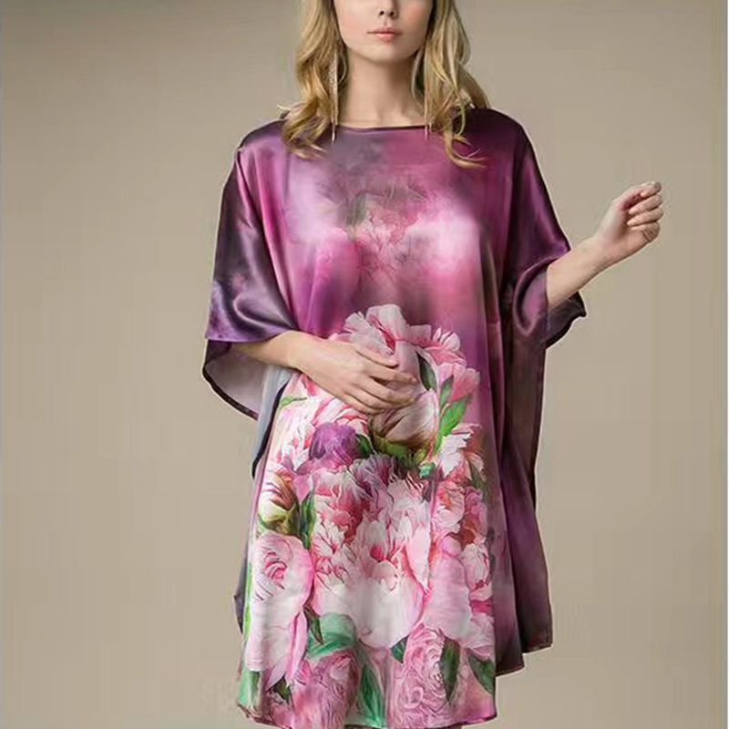 Inkjet Bat Shirt Women's Spring And Summer Home Service New Style Silk Silk Pajamas Nightdress Loose