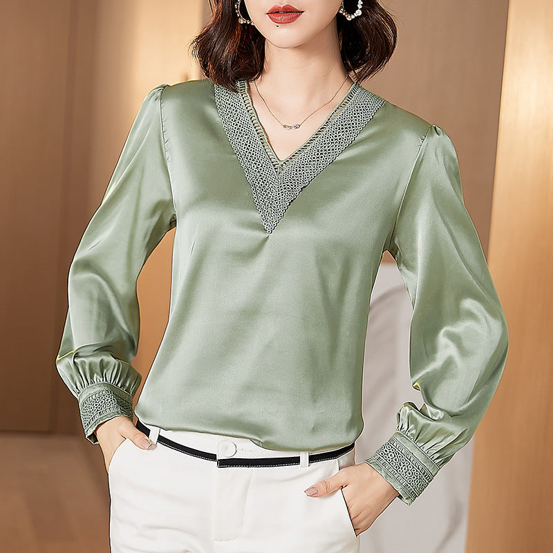 Business Wear Embroidered Satin Silk V Neck Shirt