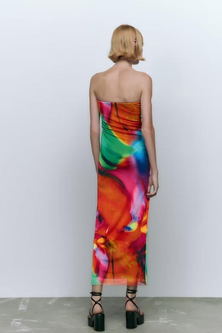 Women's Bandeau Slim-fit Slimming Printed Silk Net Dress