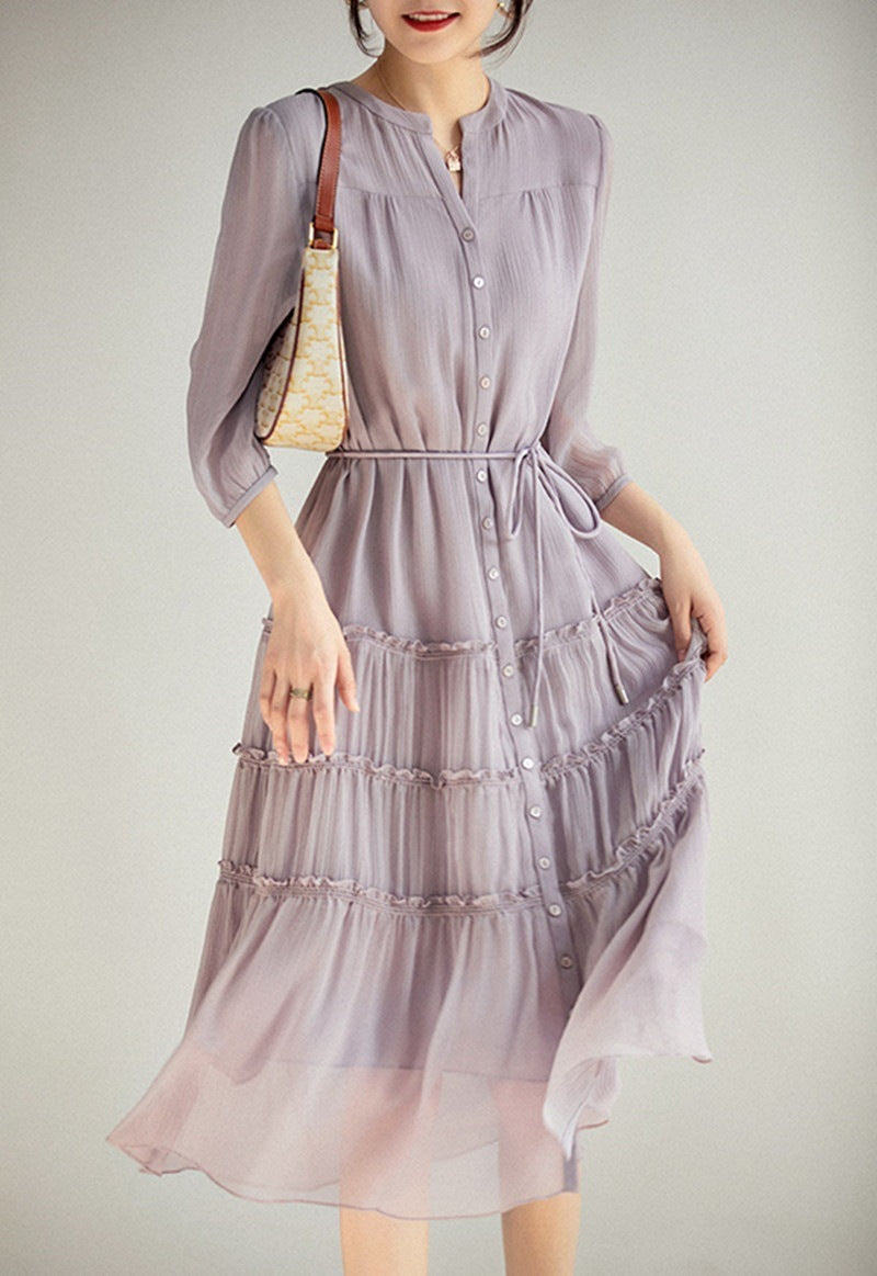 Light Smoked Purple Silk Gathered Lace-Up Dress