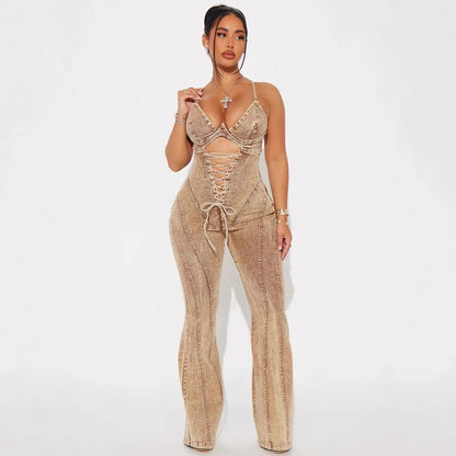 Women's Fashion Hollowed-out Lace-up Girdle Denim Jumpsuit